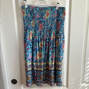Blue Pink Smocked Strapless Midi Dress